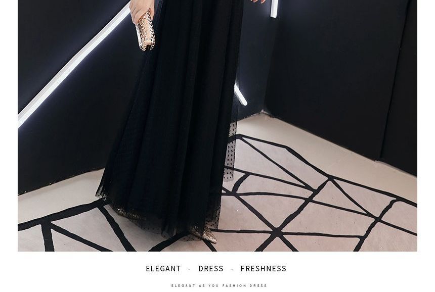 Long-Sleeve Mesh A-Line Evening Gown