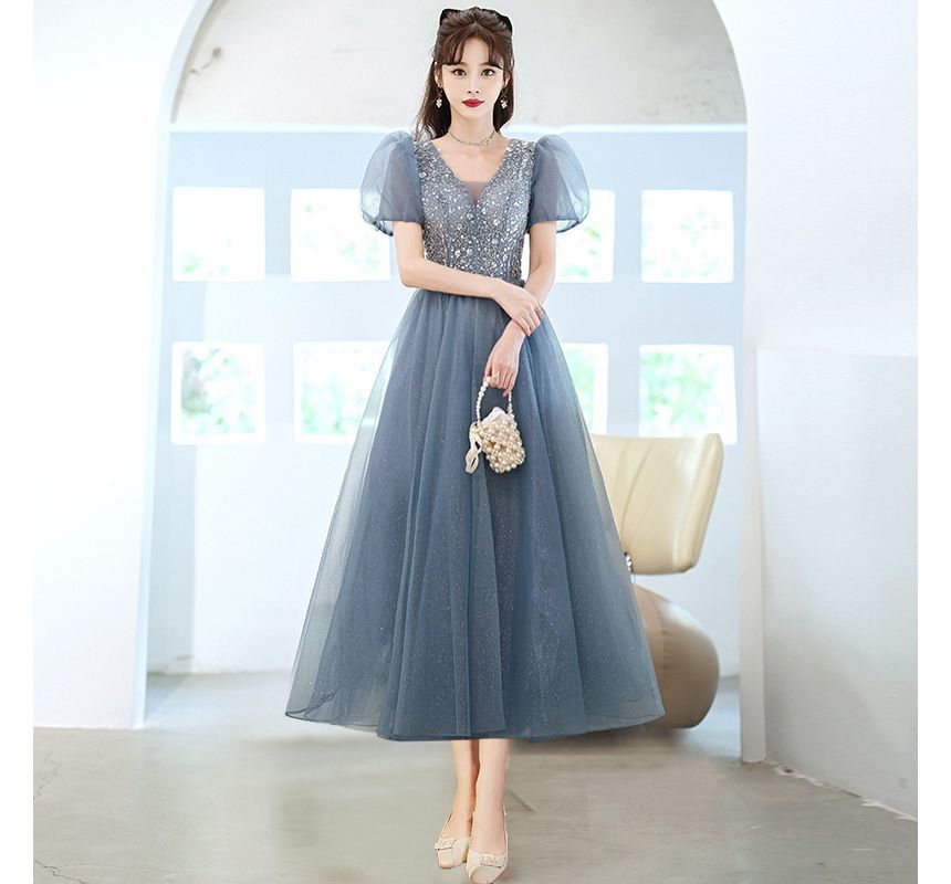 Puff Sleeve Sheer Panel A-Line Evening Gown