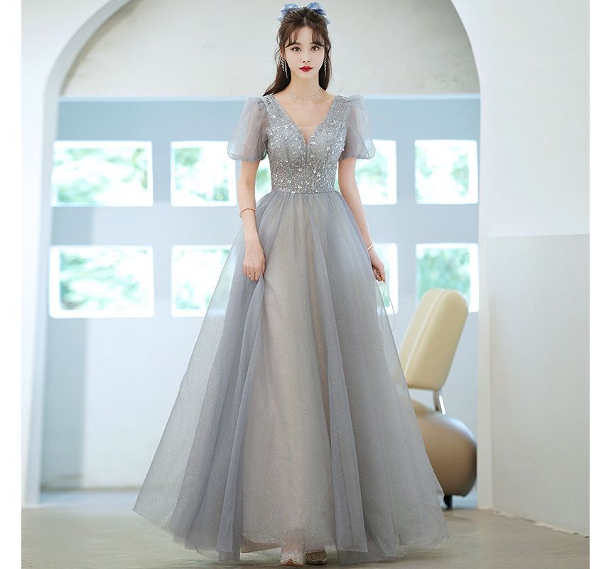 Puff Sleeve Sheer Panel A-Line Evening Gown