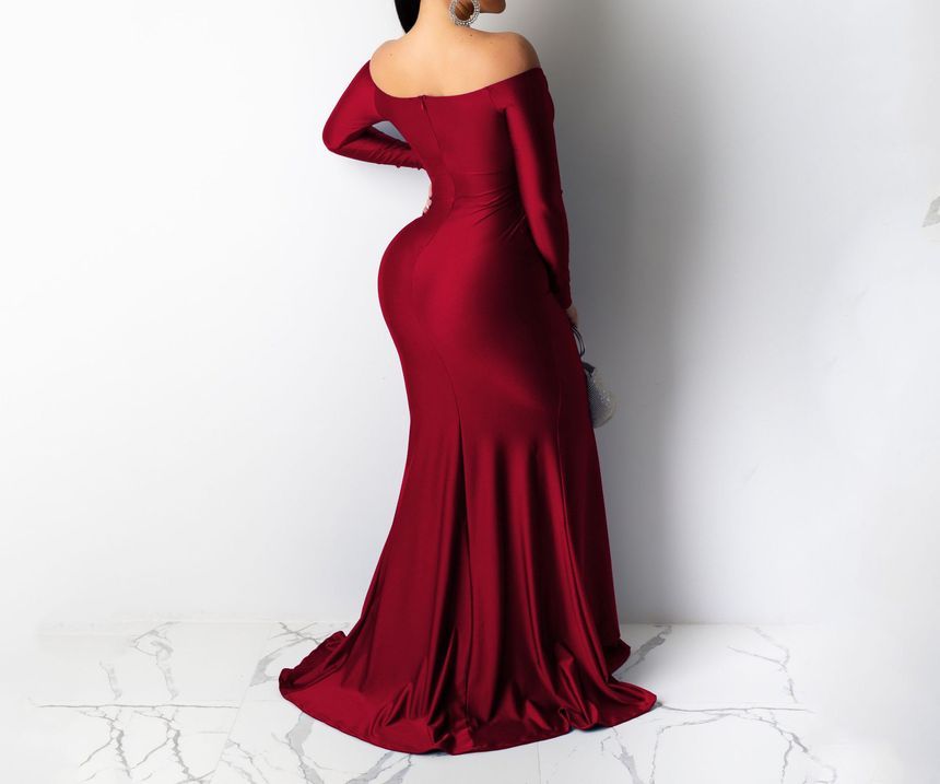 Long-Sleeve Off Shoulder Slit Mermaid Evening Gown