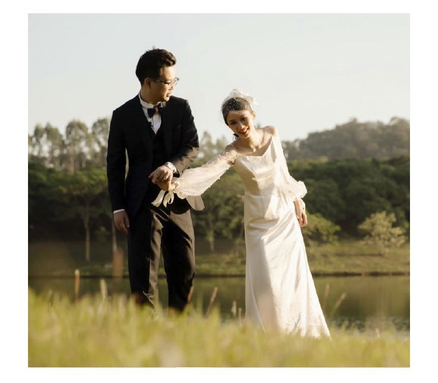 Long-Sleeve Cold-Shoulder A-Line Wedding Gown