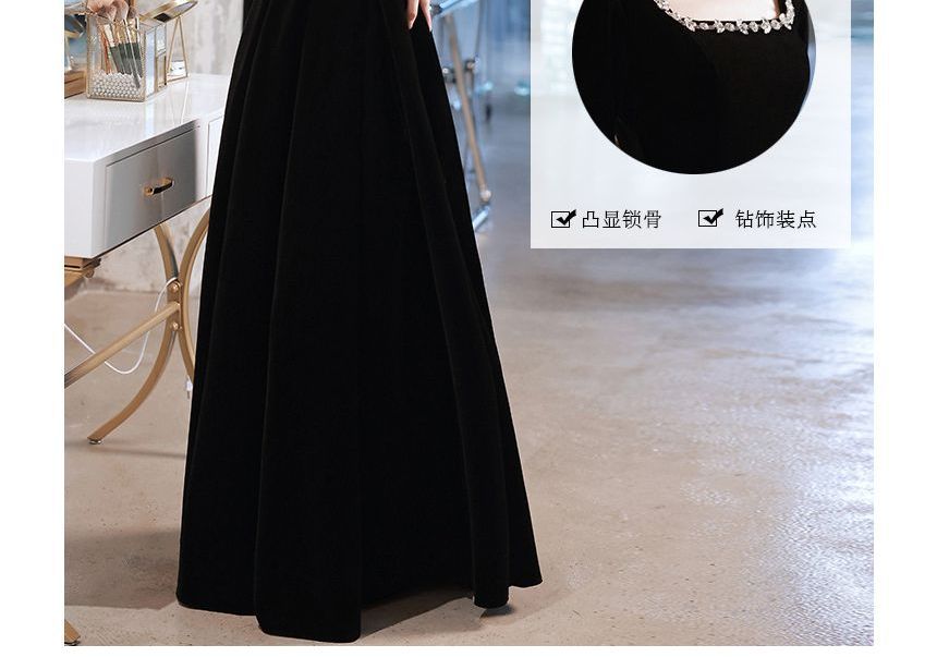 Long-Sleeve Square Neck Rhinestone A-Line Evening Gown / Cocktail Dress