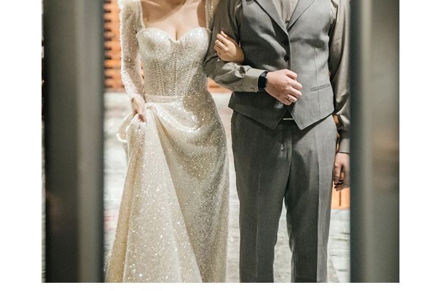 Long-Sleeve Sweetheart Neck Plain Sequin A-Line Wedding Gown