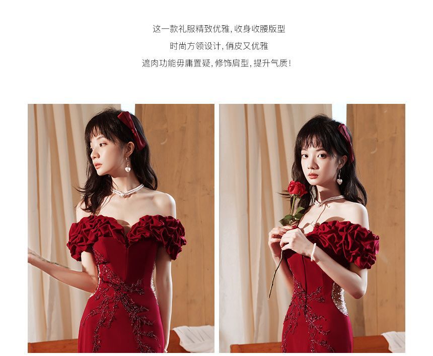 Short-Sleeve Off Shoulder Plain Beaded Ruched Panel Mesh Mermaid Evening Gown