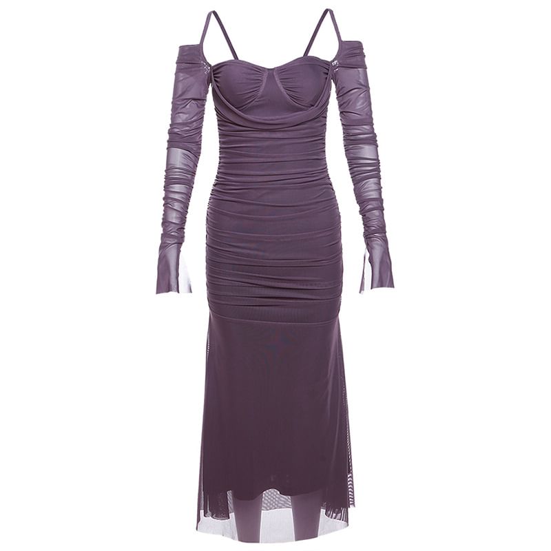 Long-Sleeve Cold Shoulder Plain Ruched Midi Sheath Dress