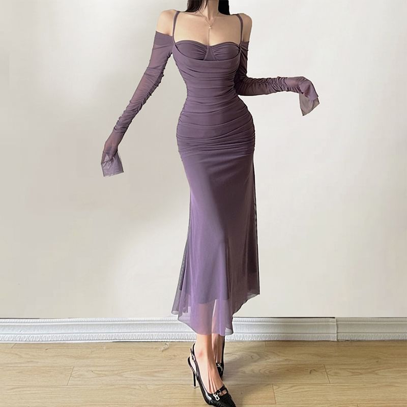 Long-Sleeve Cold Shoulder Plain Ruched Midi Sheath Dress