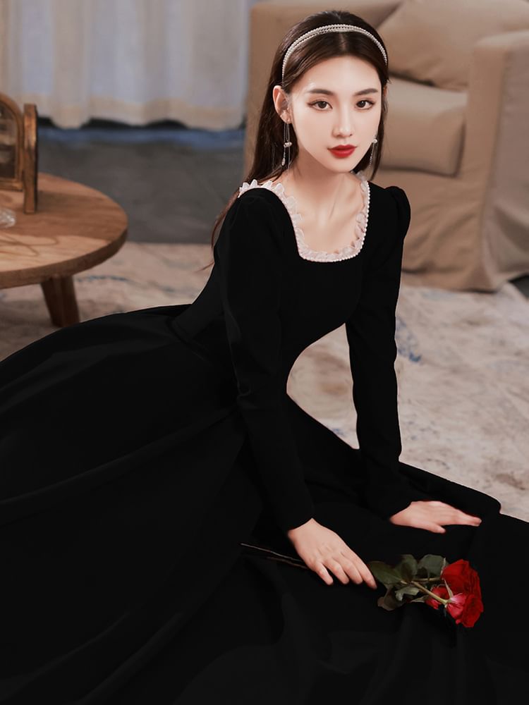 Long-Sleeve Square Neck Plain A-Line Evening Gown / Dress (Various Designs)