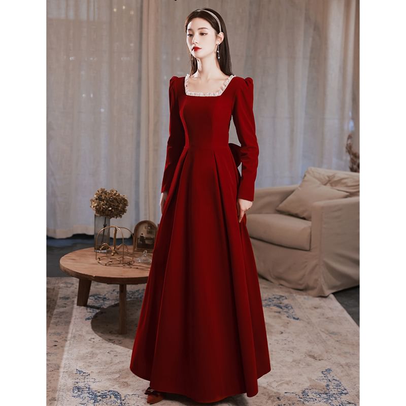 Long-Sleeve Square Neck Plain A-Line Evening Gown / Dress (Various Designs)