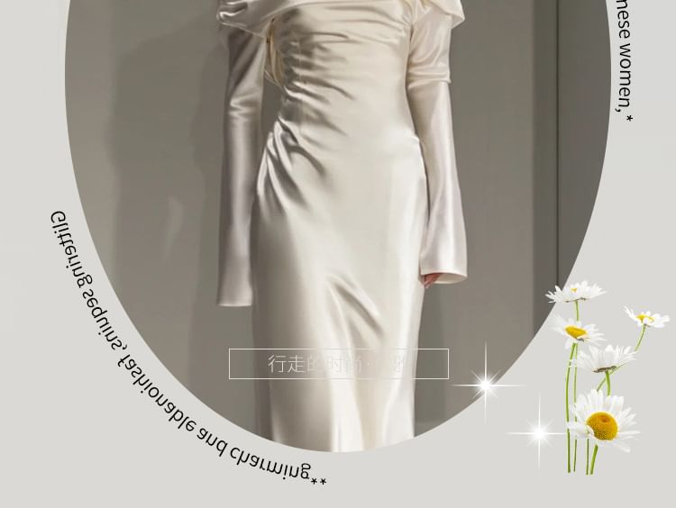 Long-Sleeve Off Shoulder Plain Sheath Wedding Gown