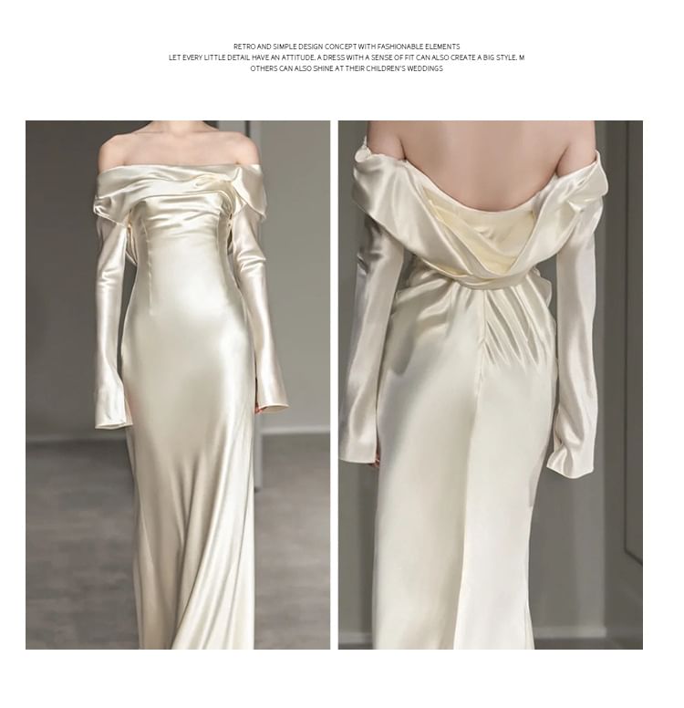 Long-Sleeve Off Shoulder Plain Sheath Wedding Gown