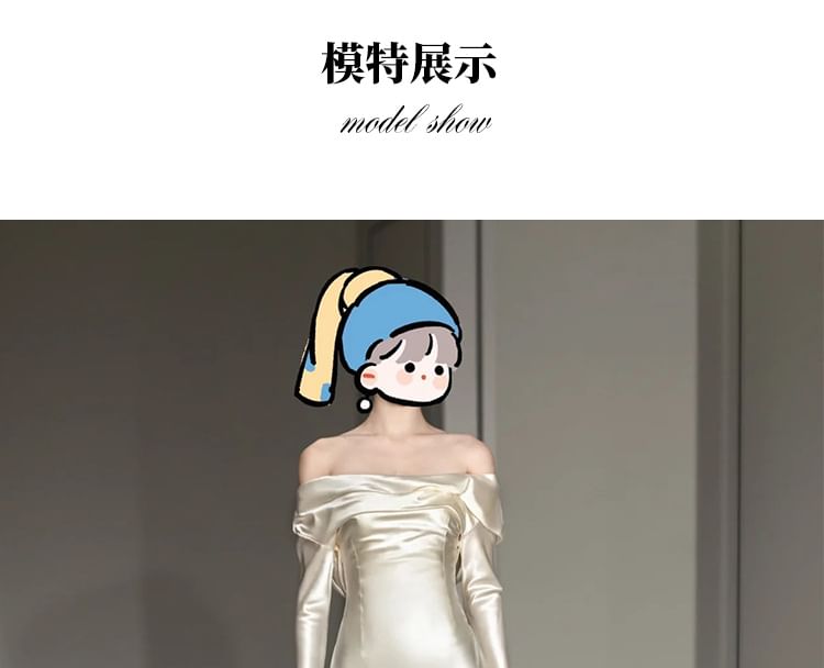 Long-Sleeve Off Shoulder Plain Sheath Wedding Gown