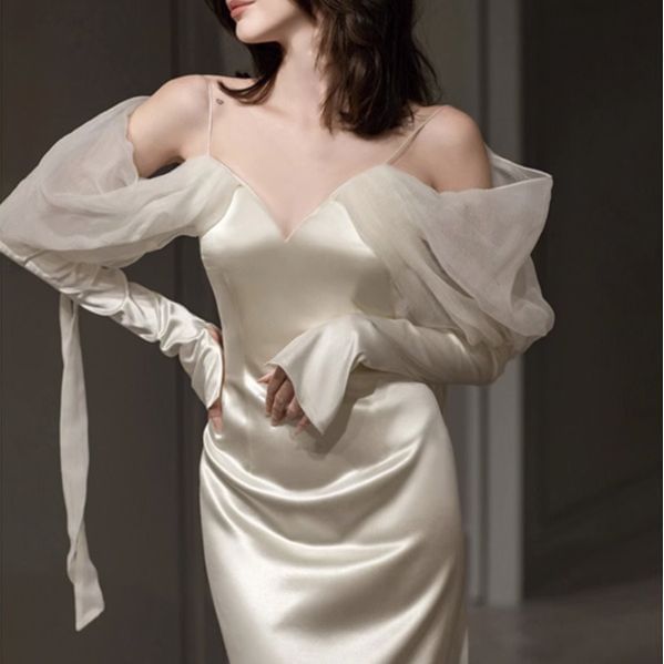 Long-Sleeve Cold Shoulder Plain Mermaid Sheath Wedding Gown