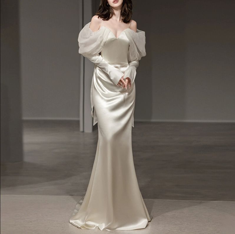 Long-Sleeve Cold Shoulder Plain Mermaid Sheath Wedding Gown