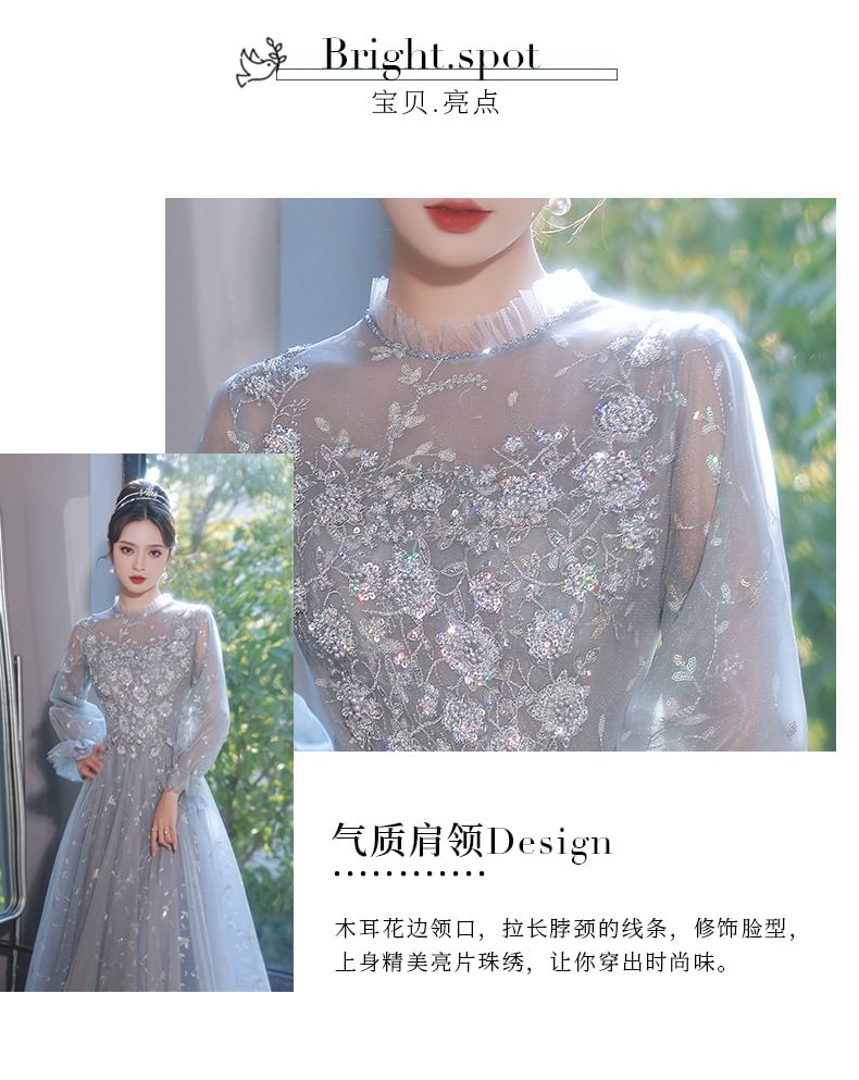 Long-Sleeve Flower Lace A-Line Evening Gown (Various Designs)
