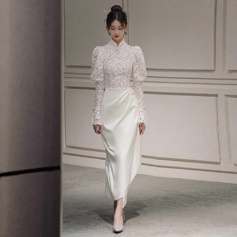 Long-Sleeve Lace Asymmetrical Sheath Evening Gown