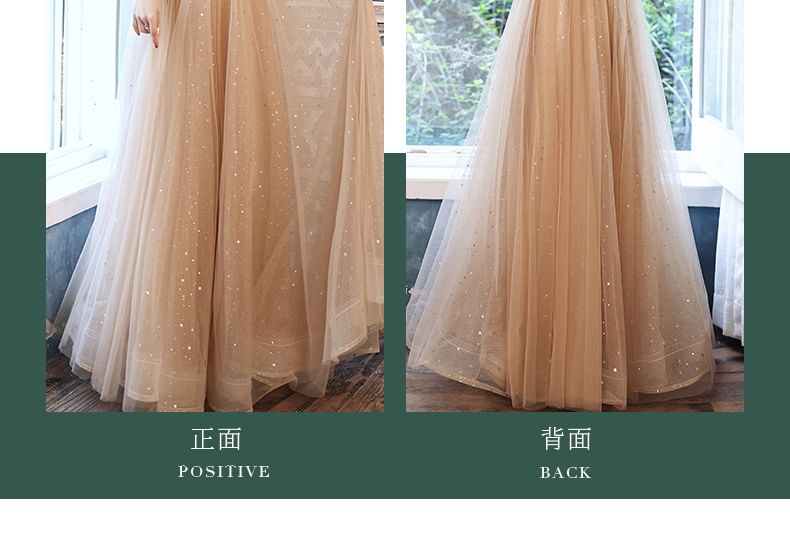 Long-Sleeve Sequin Mesh A-Line Evening Gown / Dress