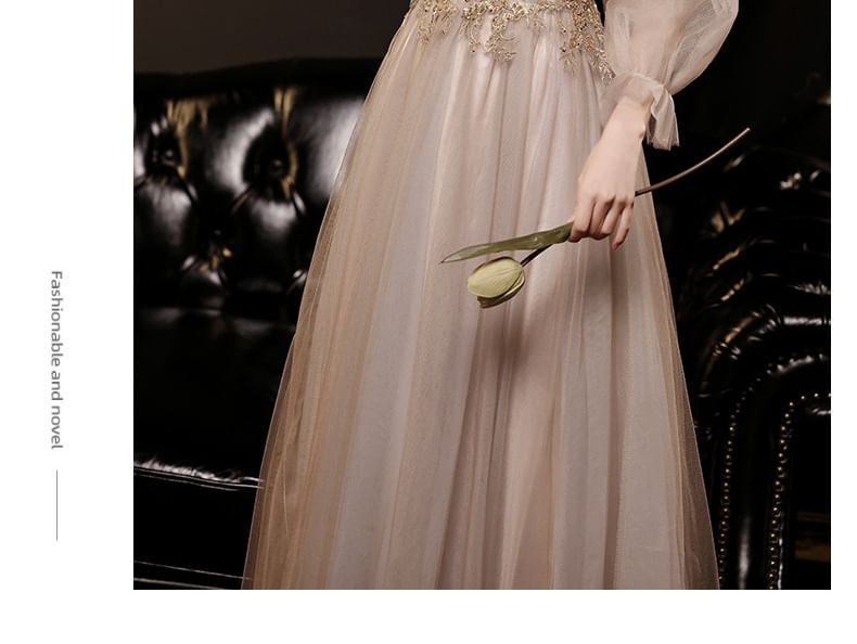 Long-Sleeve V-Neck Mesh A-Line Evening Gown / Dress