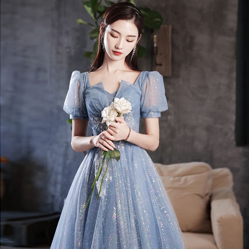 Short-Sleeve Square Neck Glitter A-Line Evening Gown