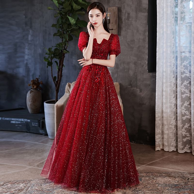 Short-Sleeve Square Neck Glitter A-Line Evening Gown