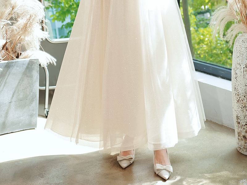 Short-Sleeve V-Neck Glitter A-Line Evening Gown / Party Dress