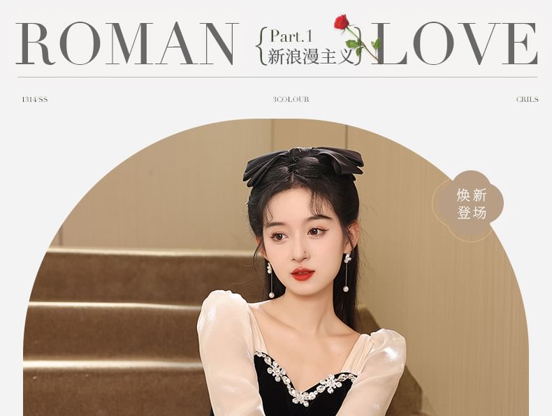 Long-Sleeve Square Neck Bow Rhinestone Panel Jacquard A-Line Evening Gown