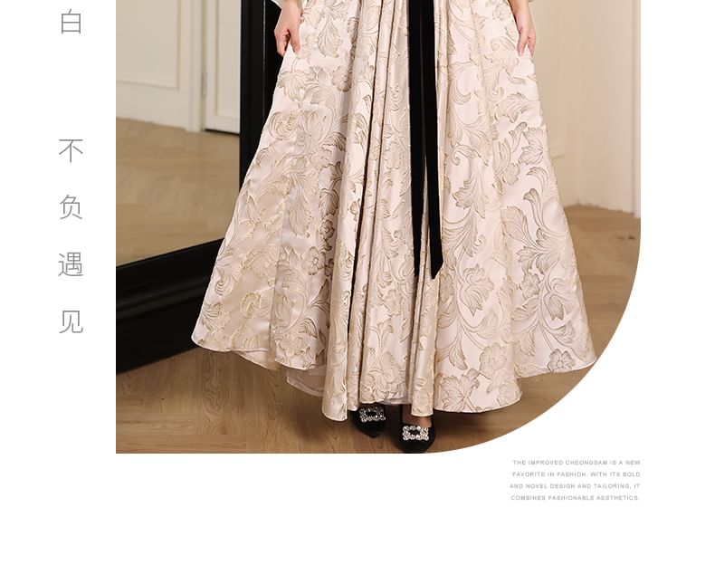 Long-Sleeve Square Neck Bow Rhinestone Panel Jacquard A-Line Evening Gown