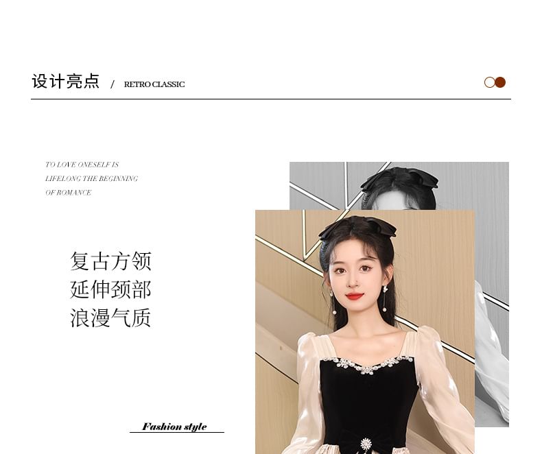 Long-Sleeve Square Neck Bow Rhinestone Panel Jacquard A-Line Evening Gown