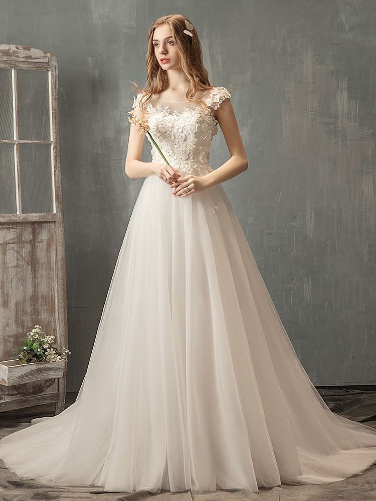 Cap-Sleeve Lace A-Line Wedding Gown (Various Designs)