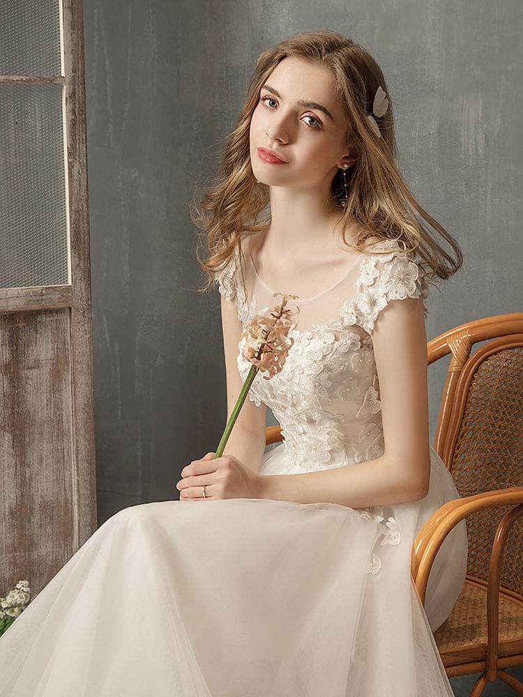 Cap-Sleeve Lace A-Line Wedding Gown (Various Designs)