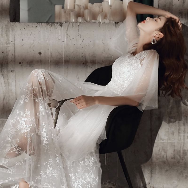 Flared-Sleeve Flower Embroidered A-Line Evening Gown