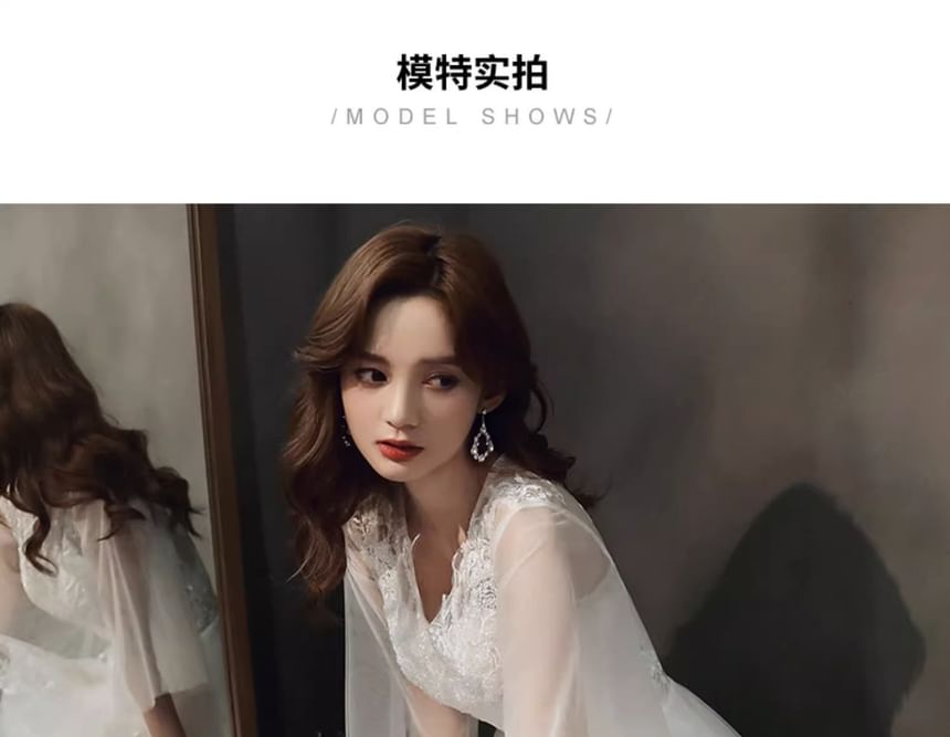 Flared-Sleeve Flower Embroidered A-Line Evening Gown