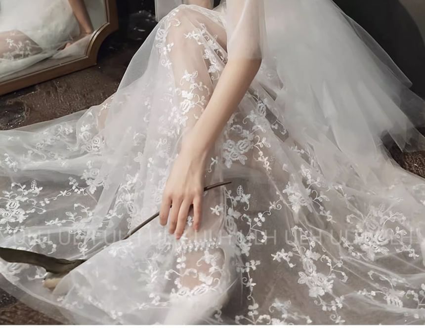 Flared-Sleeve Flower Embroidered A-Line Evening Gown