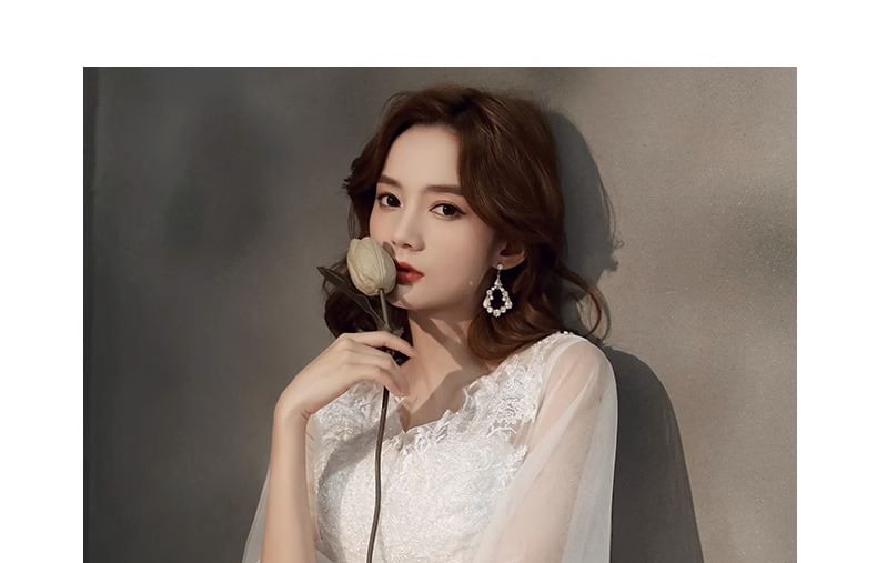 Flared-Sleeve Flower Embroidered A-Line Evening Gown