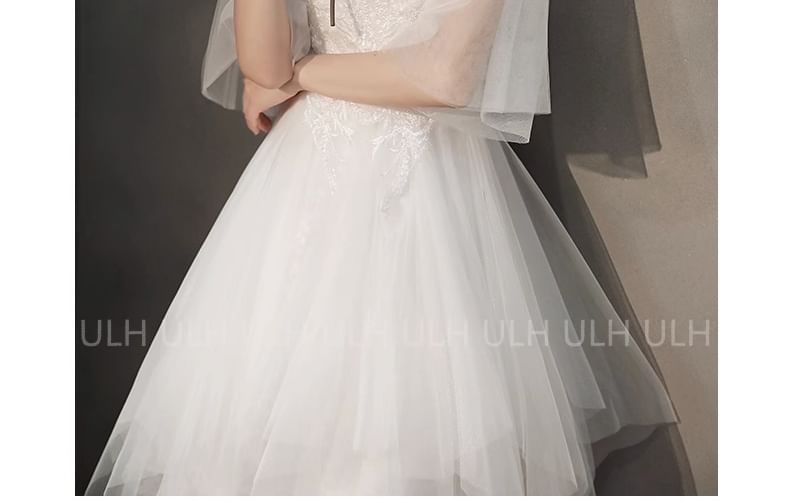 Flared-Sleeve Flower Embroidered A-Line Evening Gown