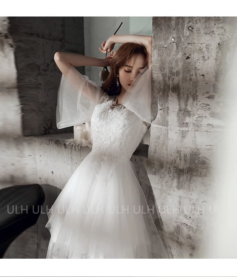 Flared-Sleeve Flower Embroidered A-Line Evening Gown