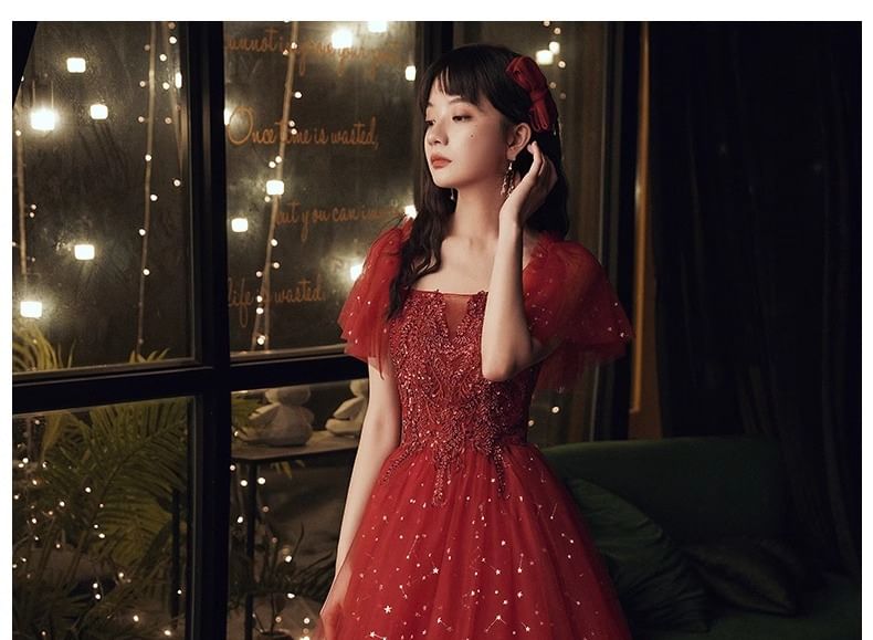 Short-Sleeve Sequin A-Line Evening Gown