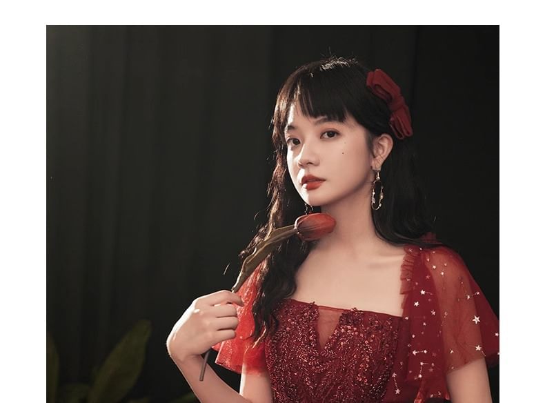 Short-Sleeve Sequin A-Line Evening Gown