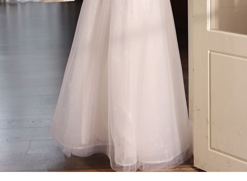 Puff-Sleeve Square Neck Mesh A-Line Evening Gown