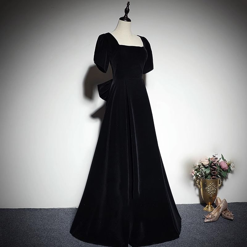 Short-Sleeve Square Neck Plain Bow Back Velvet A-Line Evening Gown