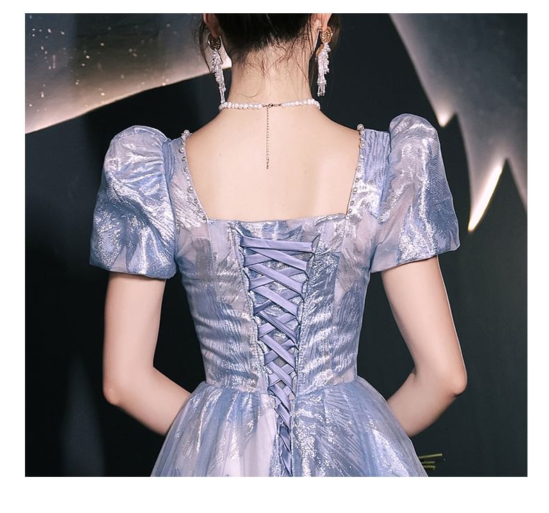 Short-Sleeve Patterned Beaded A-Line Evening Gown