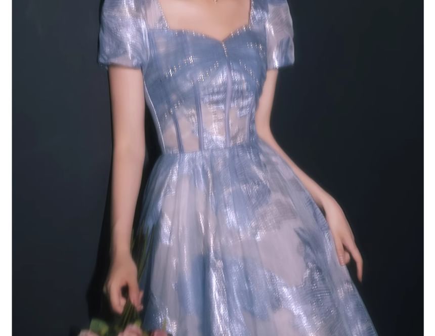 Short-Sleeve Patterned Beaded A-Line Evening Gown