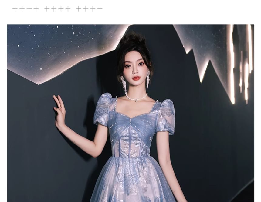 Short-Sleeve Patterned Beaded A-Line Evening Gown