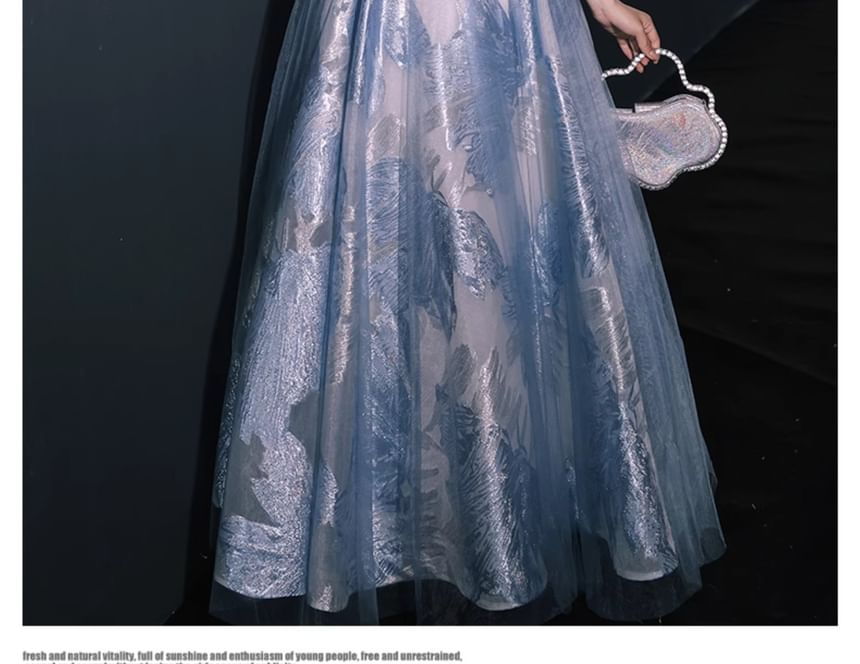 Short-Sleeve Patterned Beaded A-Line Evening Gown