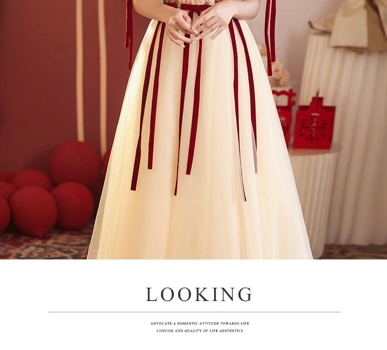 Short-Sleeve Floral Bow Mesh A-Line Evening Gown