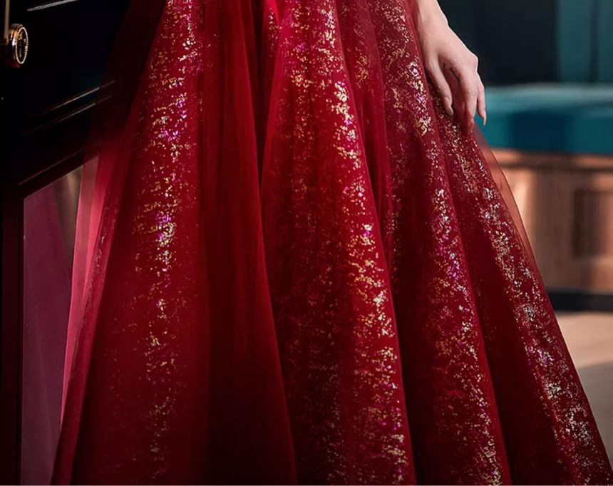 Short-Sleeve Flower Accent Sequin A-Line Evening Gown