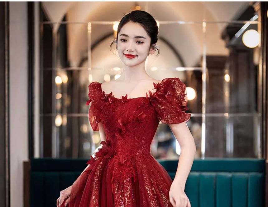 Short-Sleeve Flower Accent Sequin A-Line Evening Gown