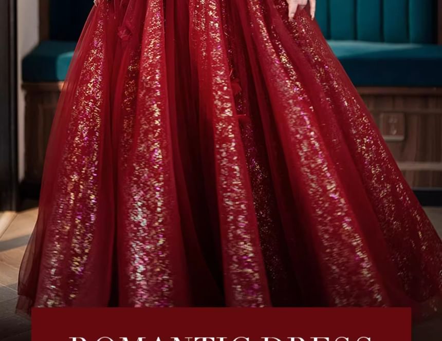 Short-Sleeve Flower Accent Sequin A-Line Evening Gown