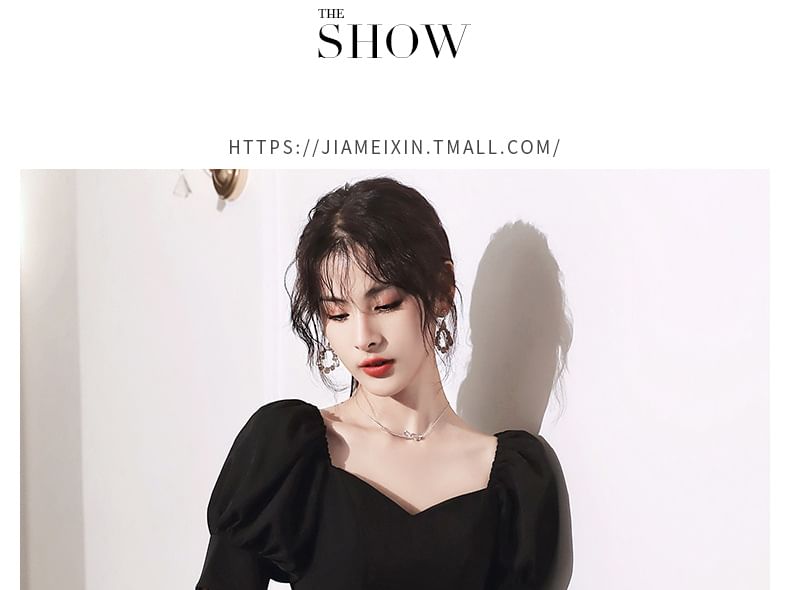 Puff-Sleeve Plain Mini A-Line Dress