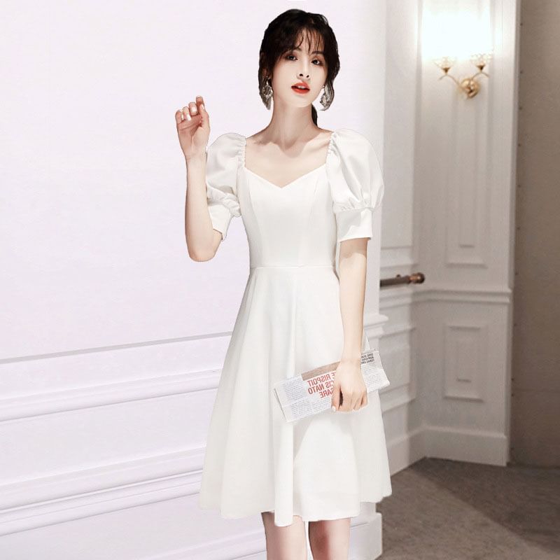 Puff-Sleeve Plain Mini A-Line Dress
