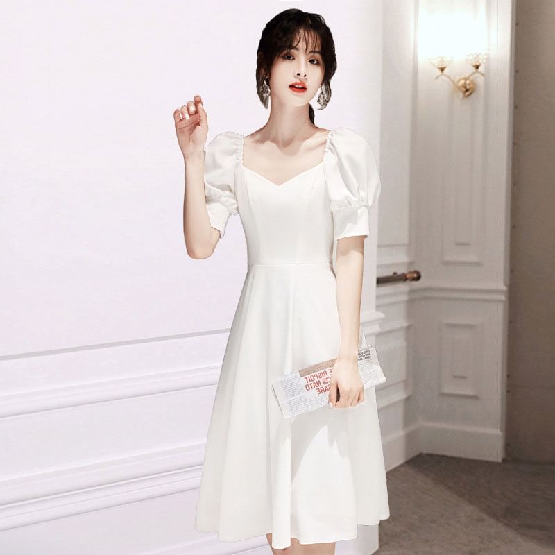 Puff-Sleeve Plain Mini A-Line Dress